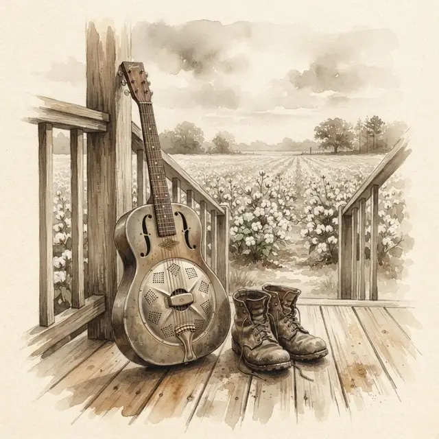 Lámina del estilo musical Country Blues, familia Polvo y carretera