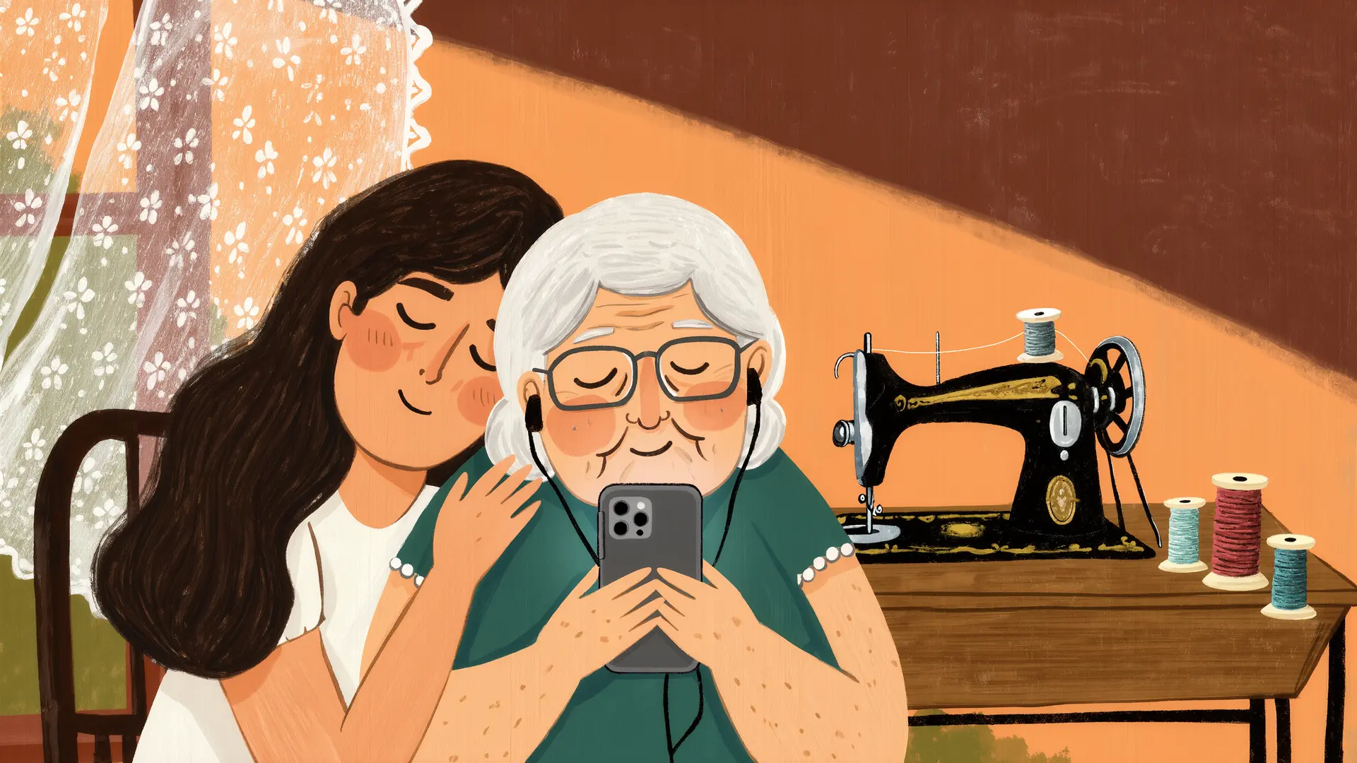 Ilustración: una joven abraza a una señora mayor que escucha una canción en su teléfono, junto a su máquina de coser